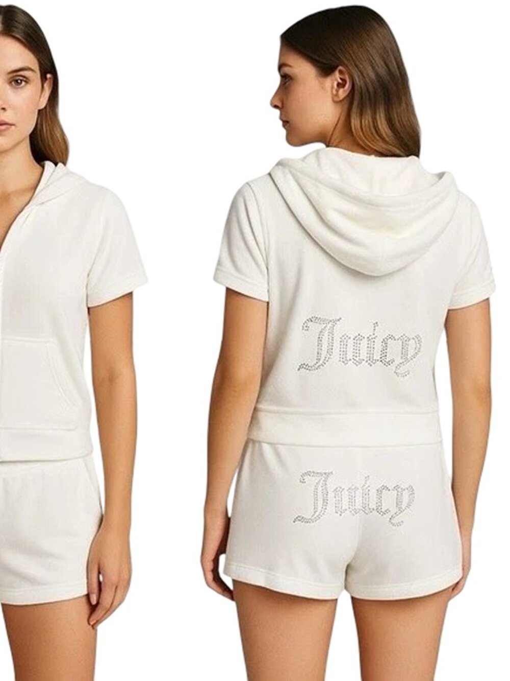 Juicy Couture Bling Velour Tracksuit Short Sleeve Hoodie and Shorts Set Oyster